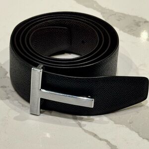 Authentic Tom Ford Black Leather belt with silver “T” buckle